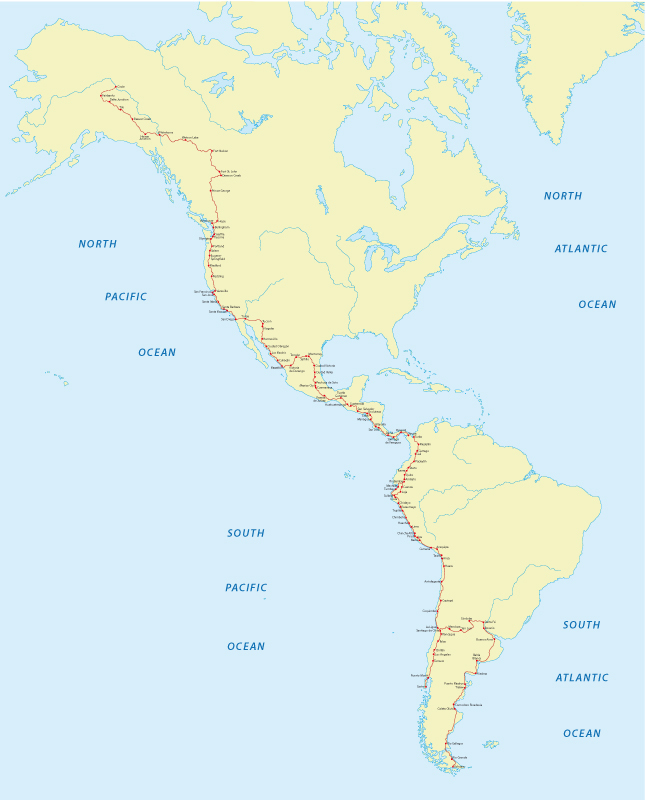 A map of the Americas showing the Pan-American Highway from Alaska to Argentina.