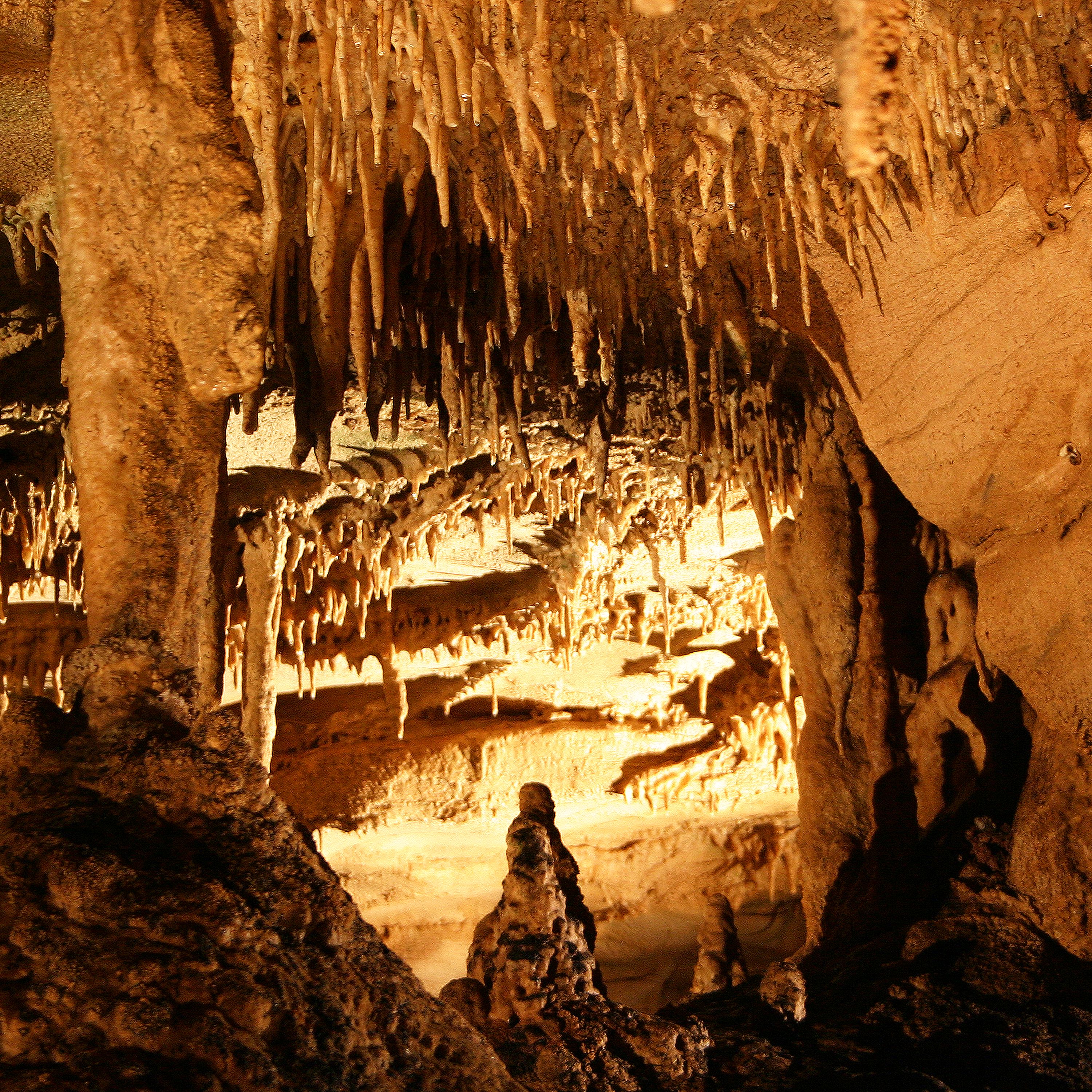 Stalactites and stalagmites inside Mammoth Cave