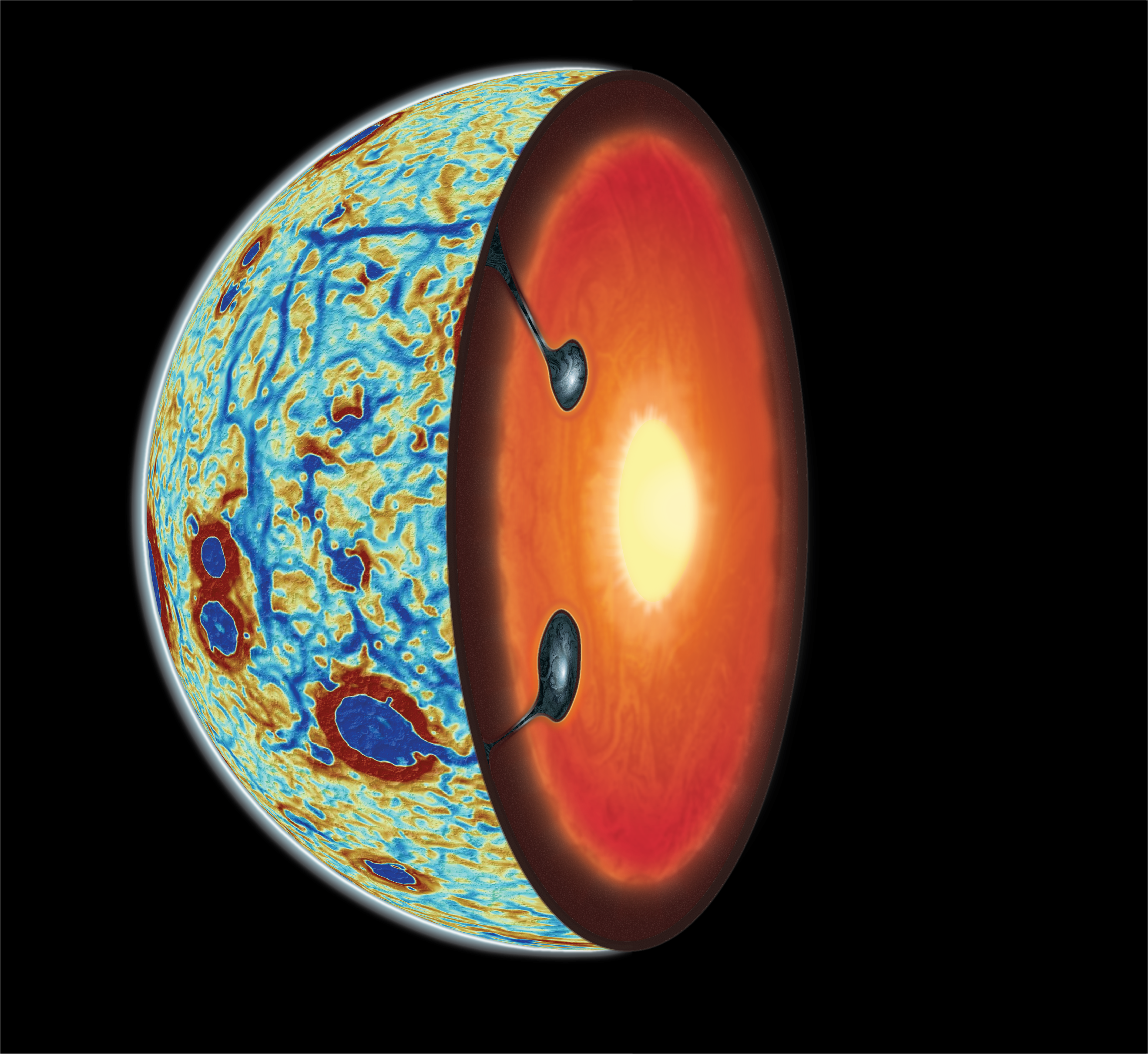 gravity gradient map of the lunar nearside and cross-section showing two ilmenite-bearing cumulate downwellings from lunar mantle overturn.