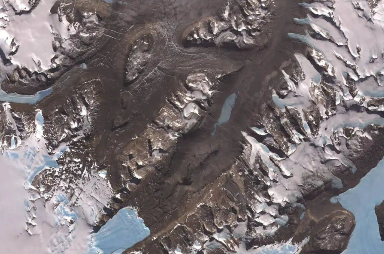 Satellite image of the McMurdo Dry Valleys, located in the valleys west of McMurdo Sound, Antarctica.