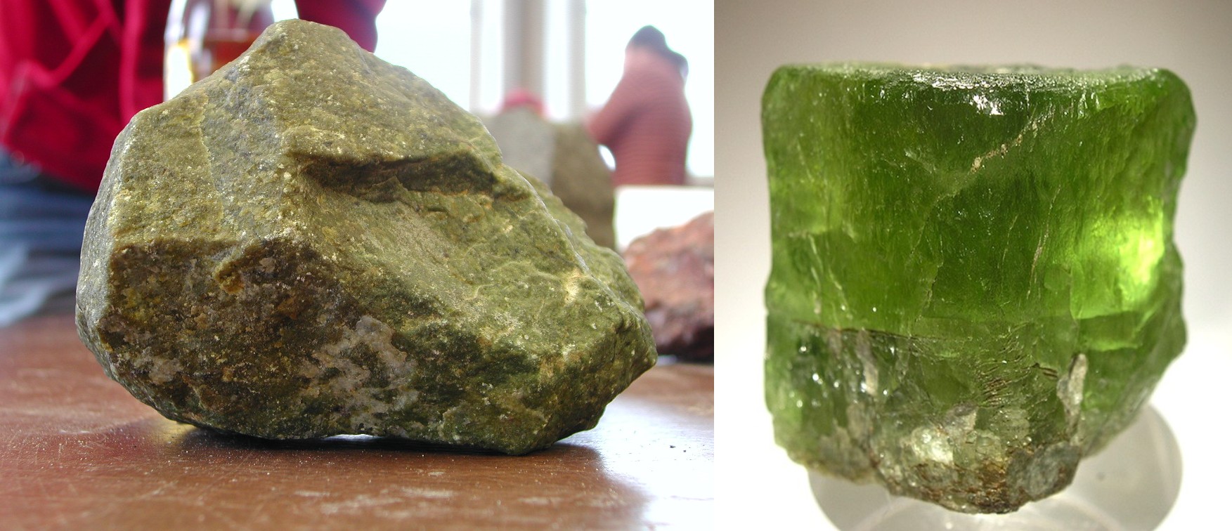 Peridotite comes in a few different forms, such as dunite (left) and large olivine crystals (right)