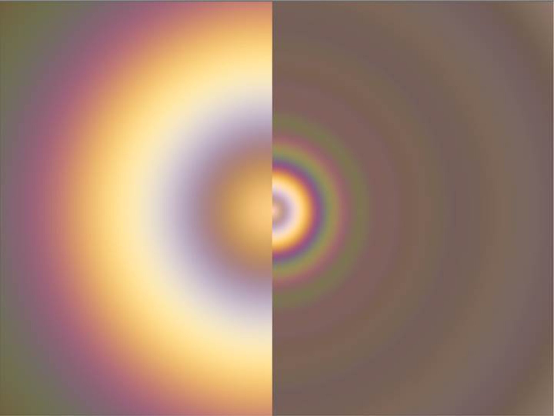 A comparison of the glories on Venus (left) and Earth would look if visible with equipment that can see the colors. The difference in ring size reflects the much smaller droplets are in Venus's atmosphere.