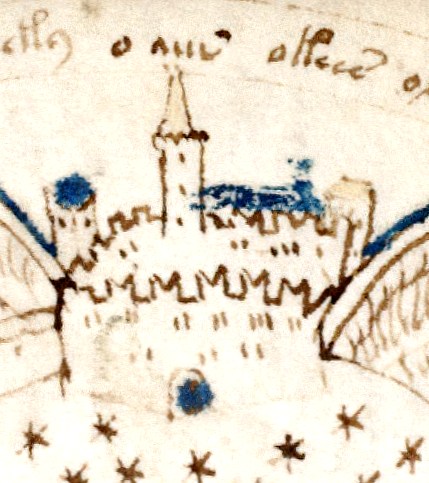 A close up image of a castle and surrounding walls included in the Rosette illustration. The castle has a spire at its centre and it has small stars detailed below it in the negative space of the illustration. There are also blue details around the door, a turret and along the inside of the walls. 