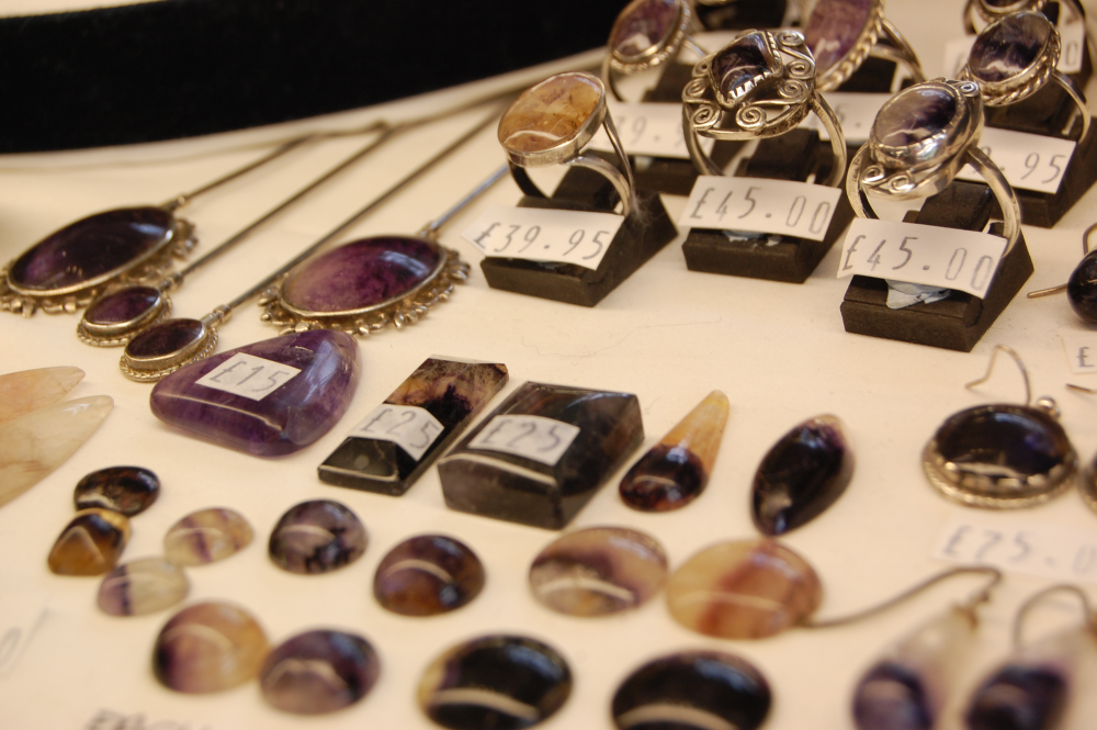 Blue John jewellery on sale at Treak Cliff Cavern, Derbyshire, England, made from stone mined there