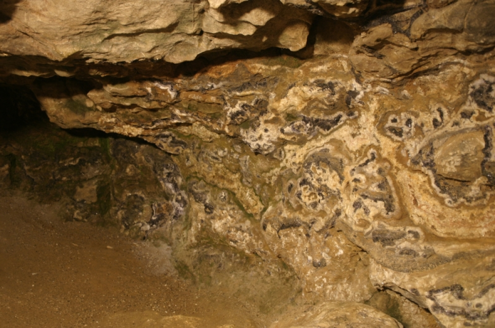 Veins of Blue John in Blue John Cavern, Derbyshire, UK.