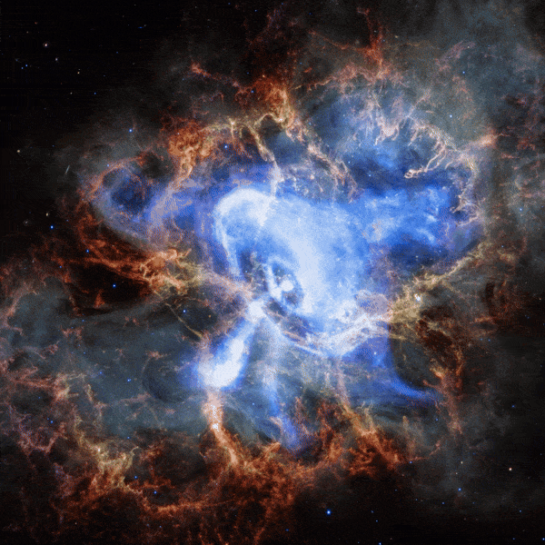 the crab nebula view shows a bright disk around a bright dot - the pulsar - with a jet spread from the disk. both the disk and the jet change over time.