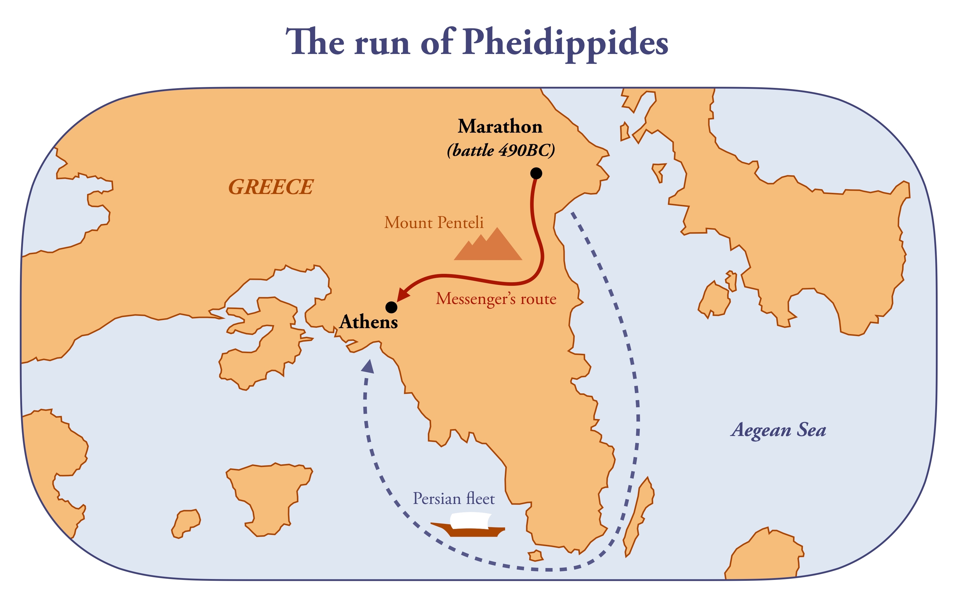 A map showing the route ran by Pheidippides, the Greek myth that modern Marathons are named after