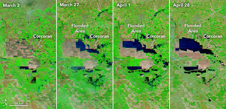 The rebirth of Tulare Lake seen in satellite images between March 2 to April 28, 2023