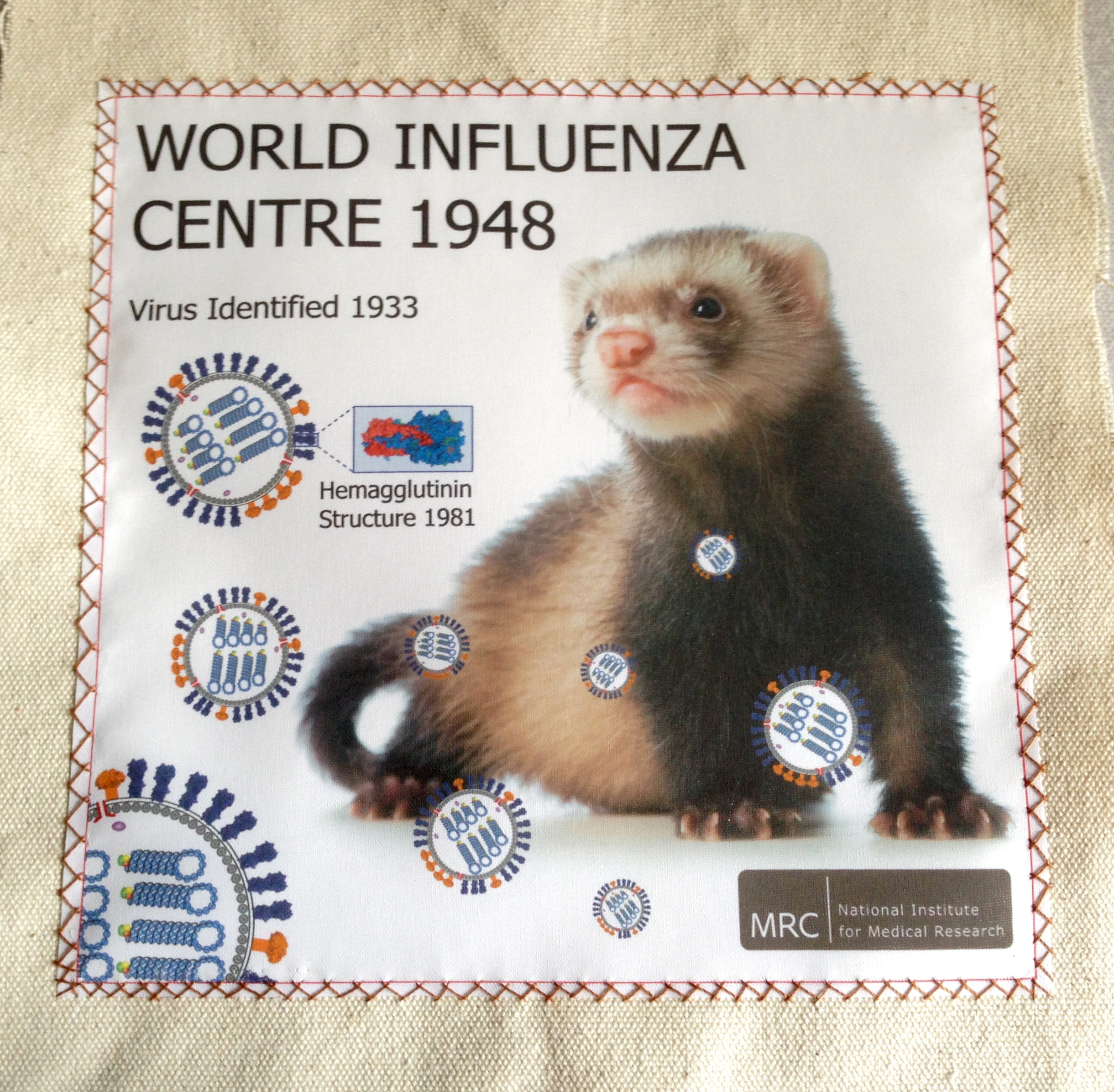 section of tapestry from the National Institute for Medical Research's World Influenza Centre commemorating the identification of the flu virus in 1933, with a photo of a ferret next to diagrams of the virus