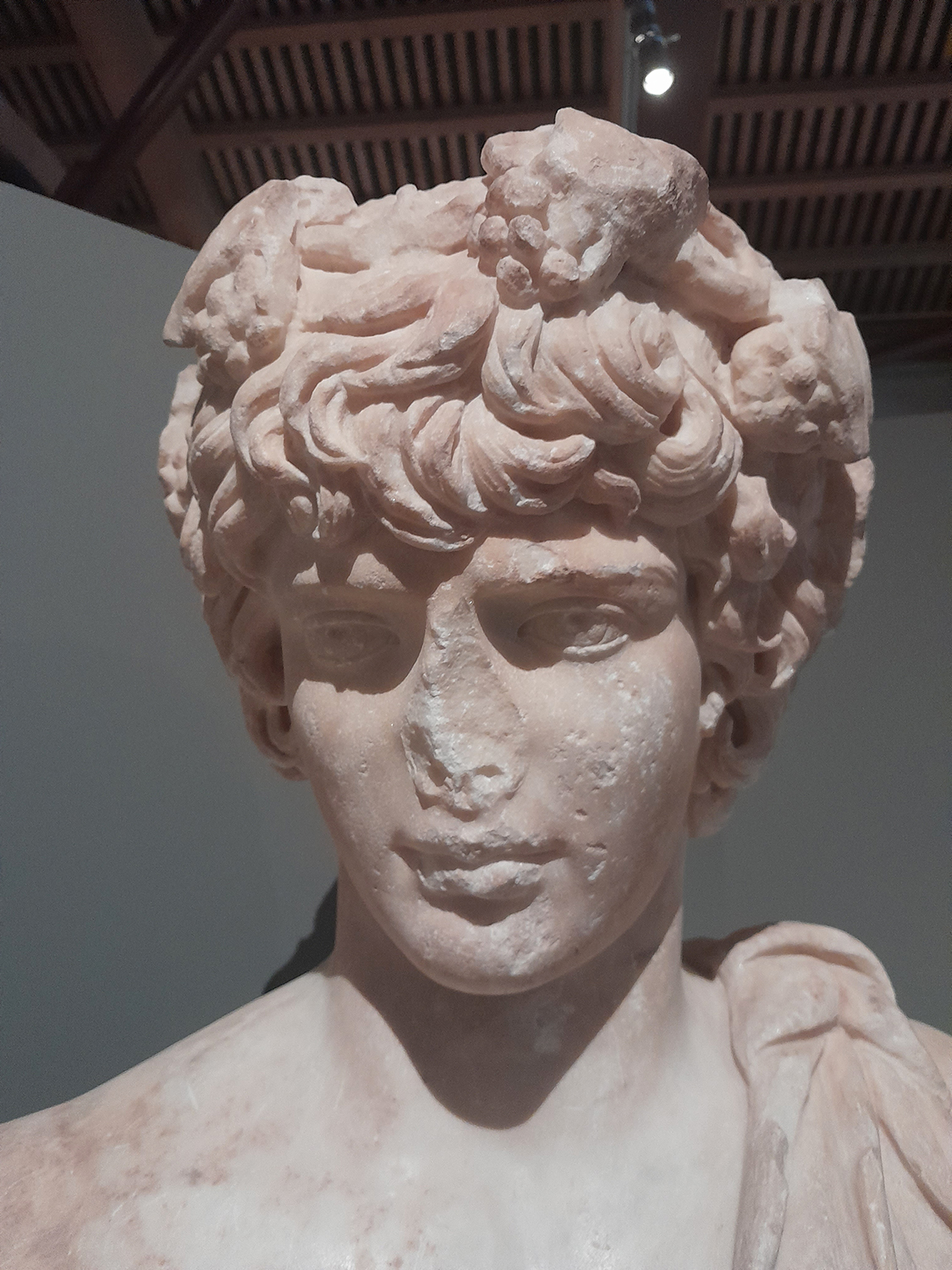 Marble statue of Antinous, Roman period ca 130-138. The youth is depicted as Dionysus, god of wine and rebirth. The nose, forearms and legs below the knees are missing. Archaeological Museum of Chalcis Greece