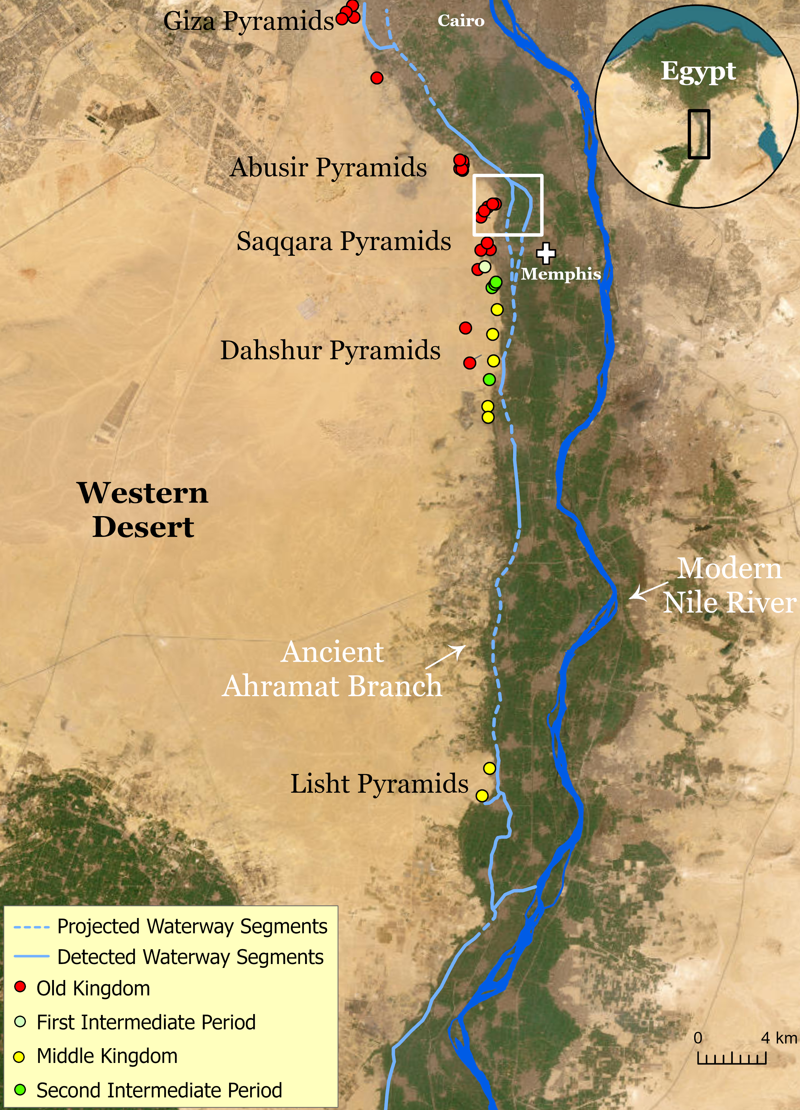 The water course of the ancient Ahramat Branch borders a large number of pyramids dating from the Old Kingdom to the Second Intermediate Period, spanning between the Third Dynasty and the Thirteenth Dynasty. 