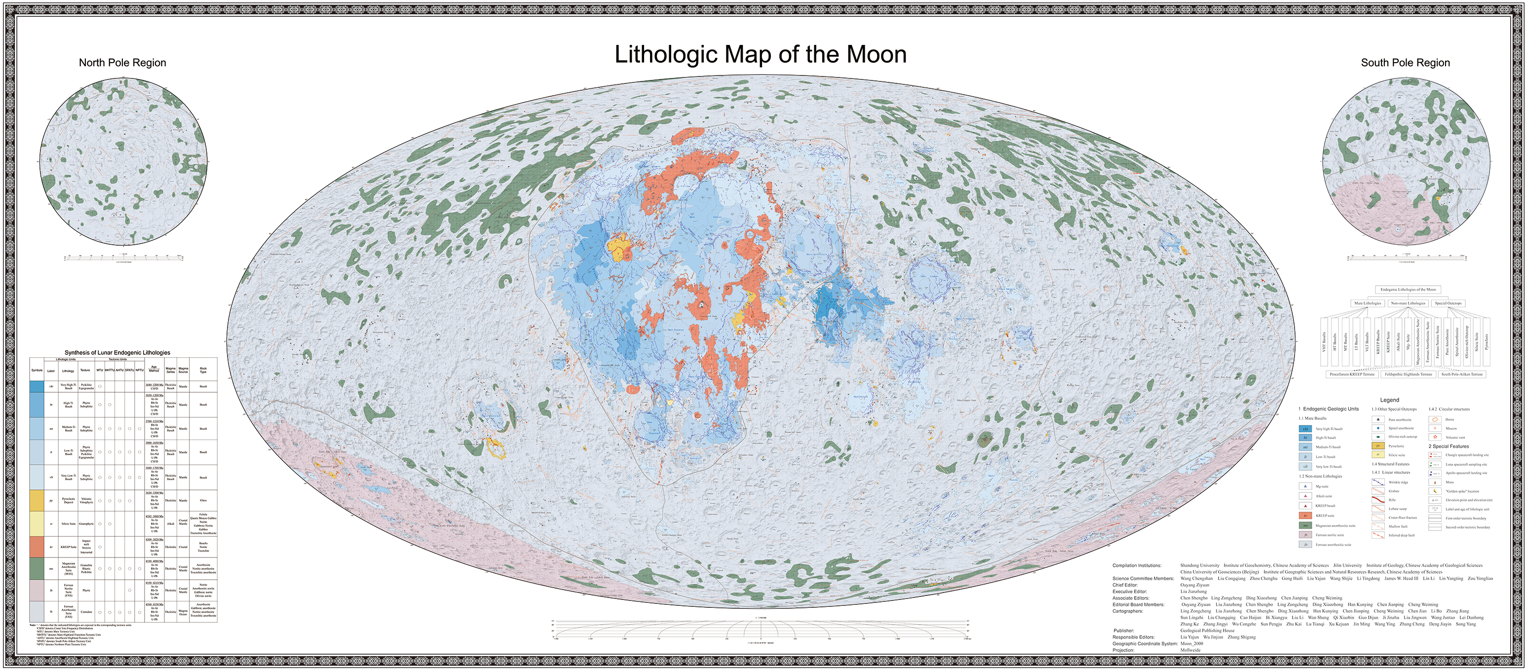 The Lithographic map shows the Moon in a new way with the different types of rocks shown by their color