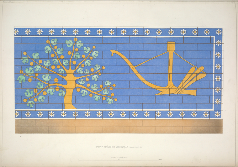 A drawing of the fig-tree and plough recorded in the 19th century. The body of the tree and the plough itself are yellow and have been painted onto a blue brick wall. The tree has yellow bulges along its branches which may represent fruit, as well as green leaves in the shape of bisected mushrooms along its branches. 