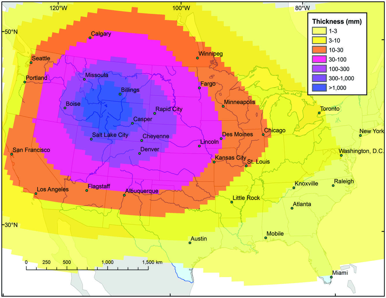 A map showing the approximate ash coverage across the US following a supereruption of Yellowstone.