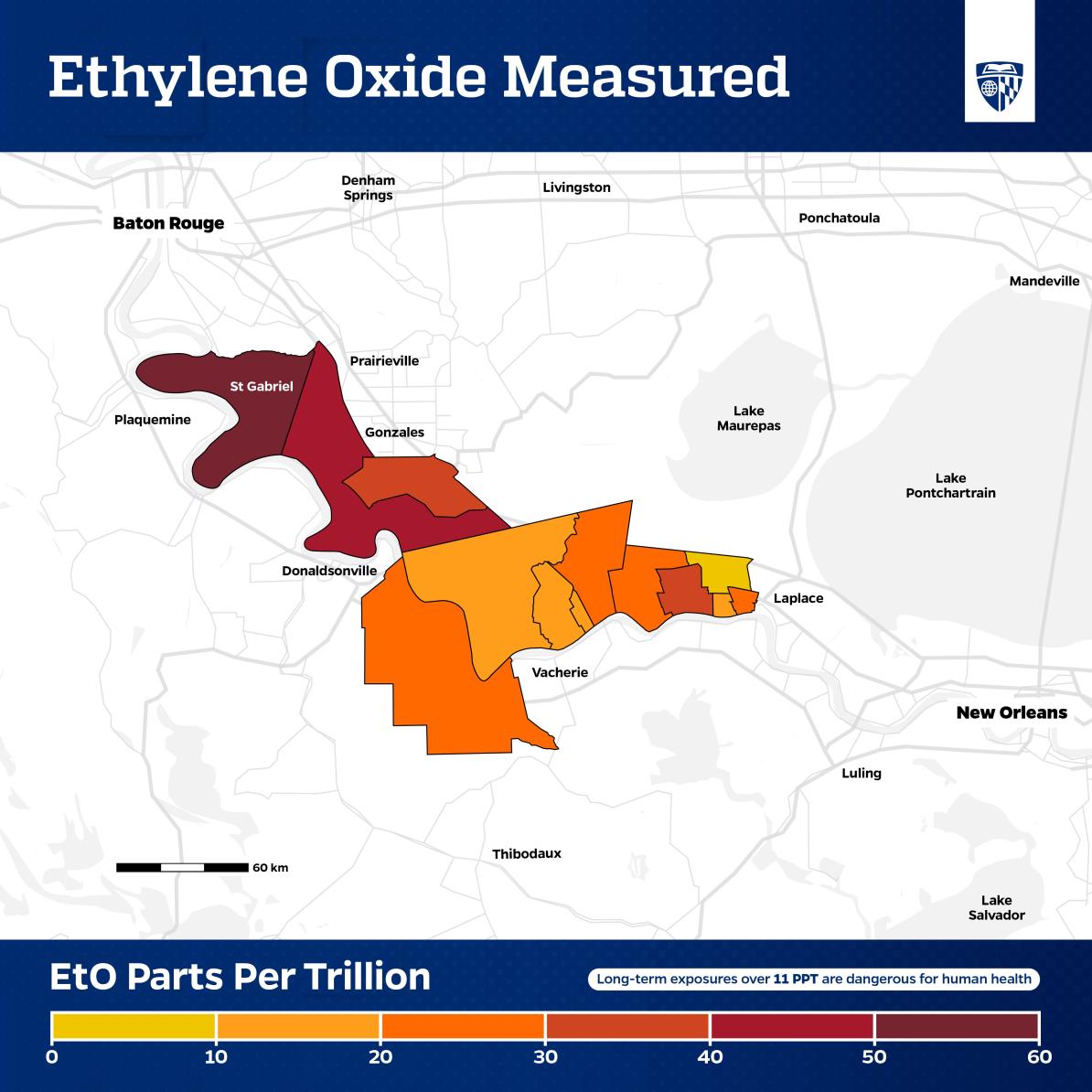 A map of Louisiana showing concentrations of ethylene oxide in the ambient air.