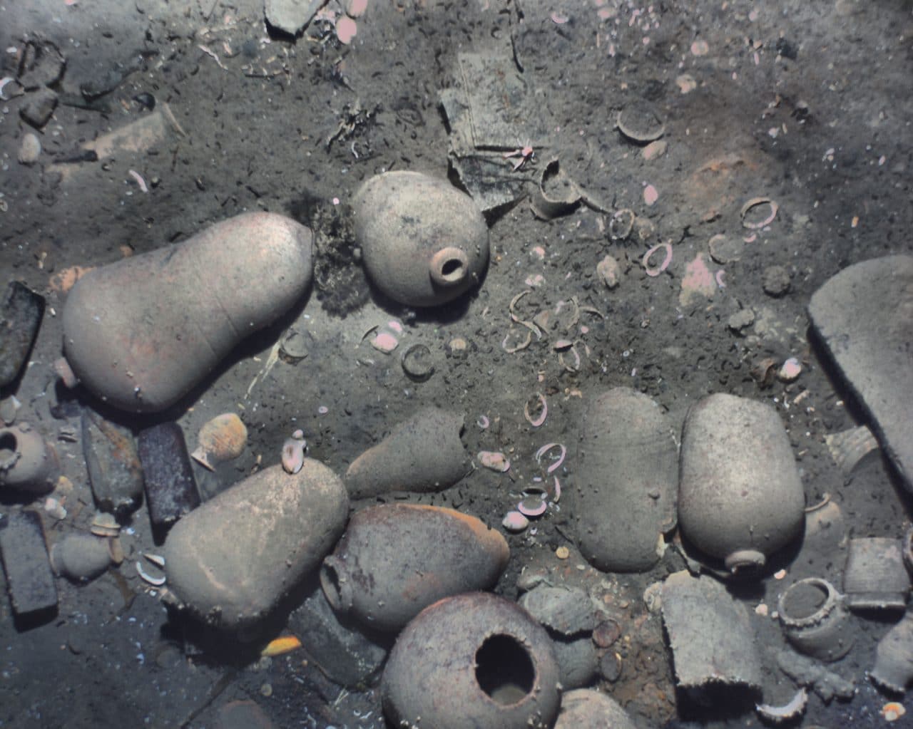 Another image from 2015 project by the Woods Hole Oceanographic Institution showing ceramics and other artifacts of the San Jose Shipwreck in Colombia.