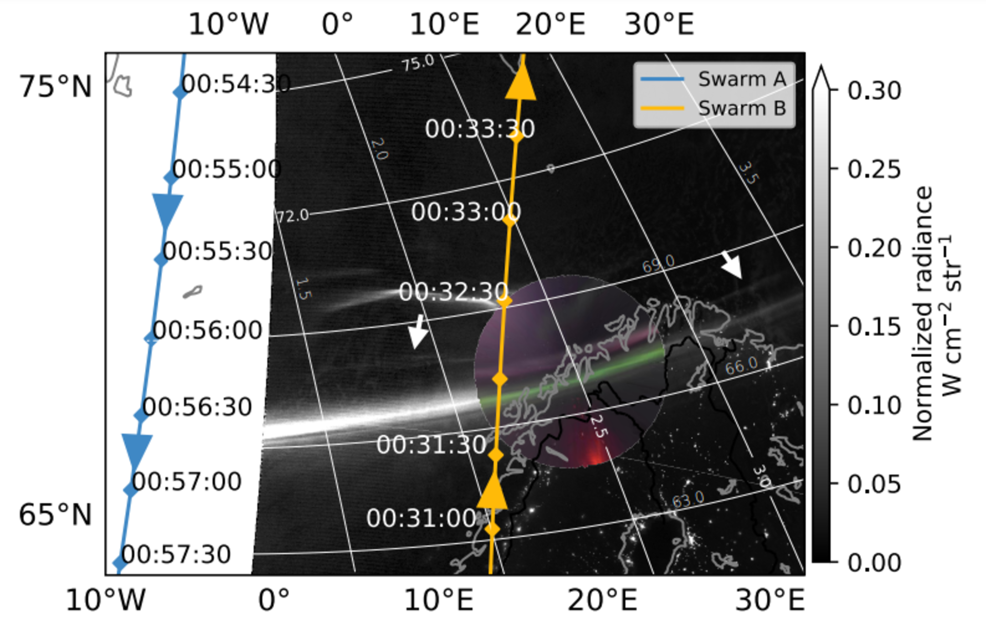 The path of the Swarm A and B satellites and the passage of electric charges they recorded.