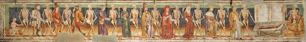 a 15th century fresco dance of death skeletons connecting lots of people