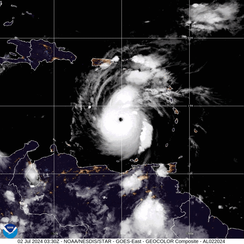 Gif of satellite footage of Hurricane Beryl as it moves across the Caribbean