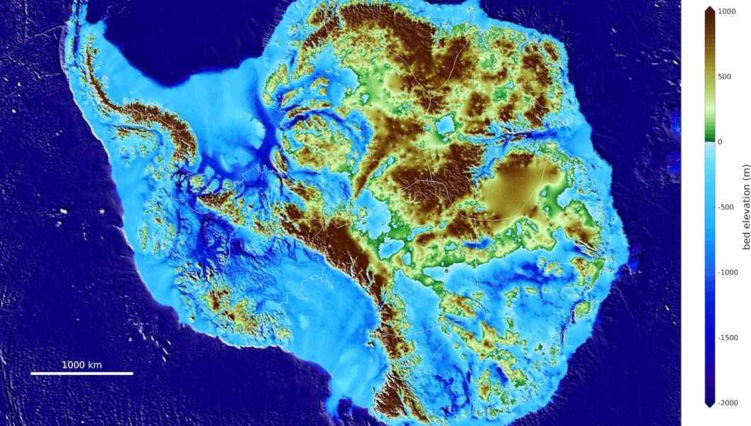 BedMachine Antarctica, showing the contours of the land beneath Antarctica’s ice sheet.