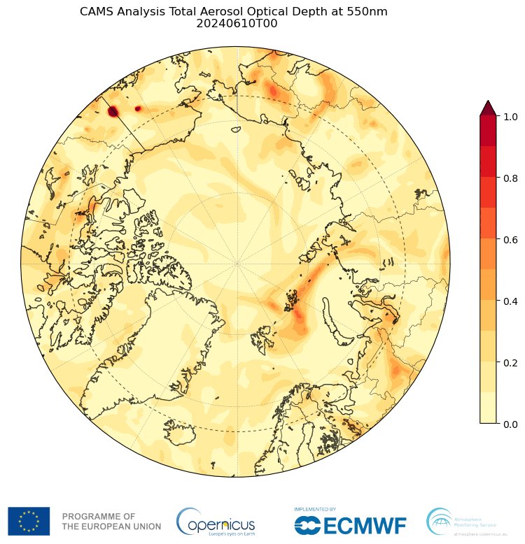Total aerosol optical depth analyses indicating smoke transport around the Arctic and high northern latitudes between 10 and 26 June 2024. 