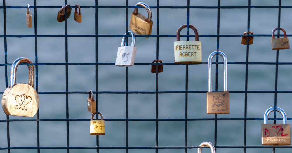 Love locks on the fence at Lonsdale Quay, North Vancouver, BC Canada