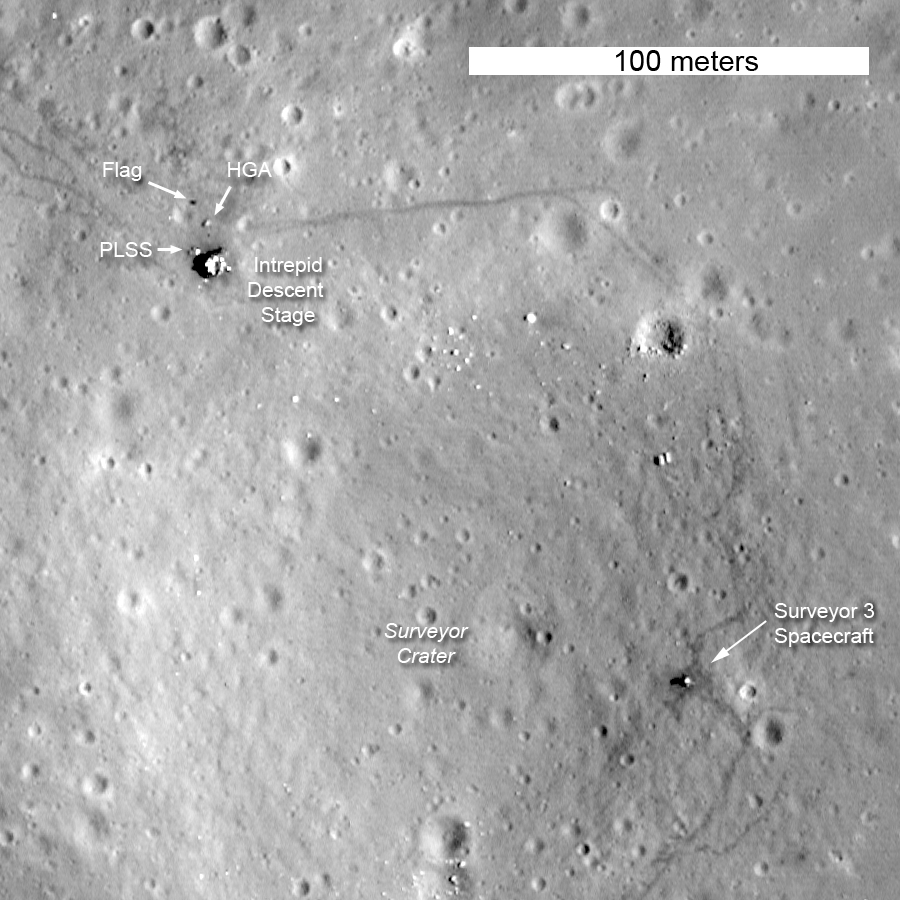 Orbital view of the Apollo 12 landing site from LRO taken in 2012 shows the shadow of the flag (at upper left), indicating that our flag is still there.