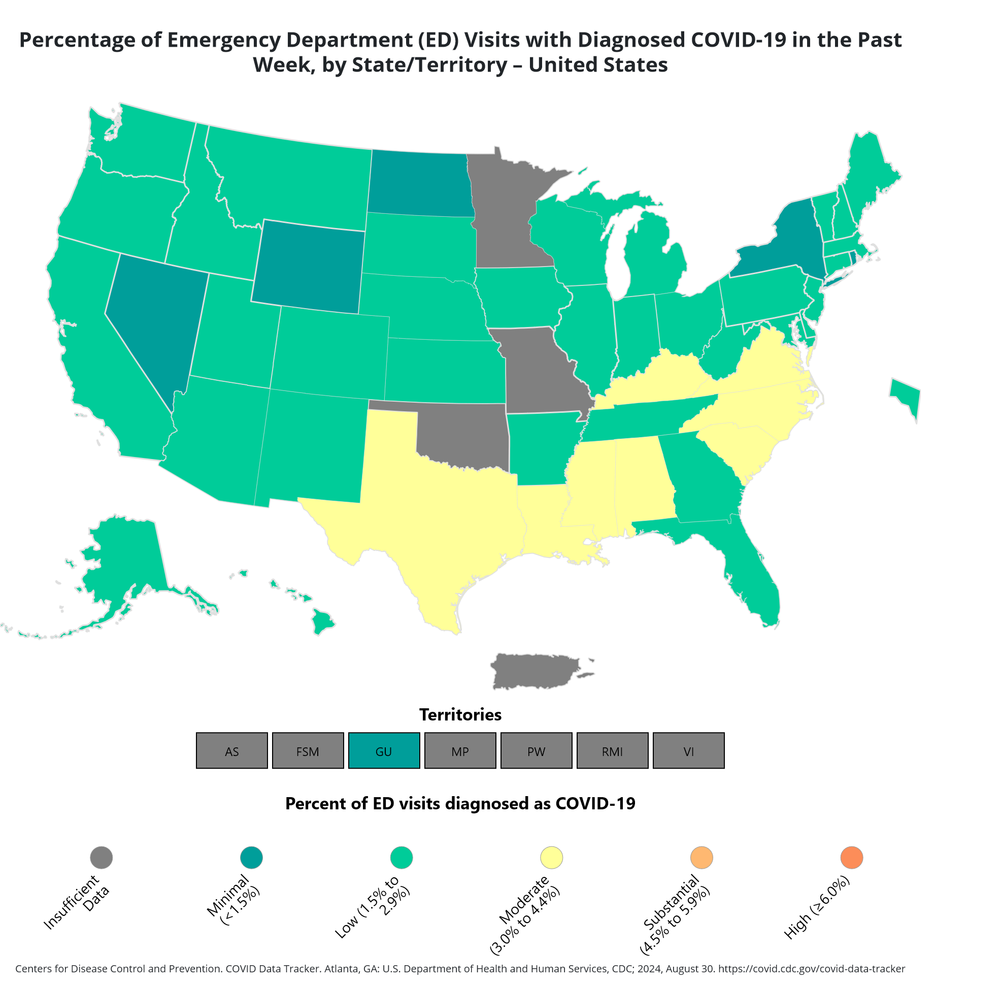 Map showing the percentage of emergency department visits with diagnosed covid-19 in the past week