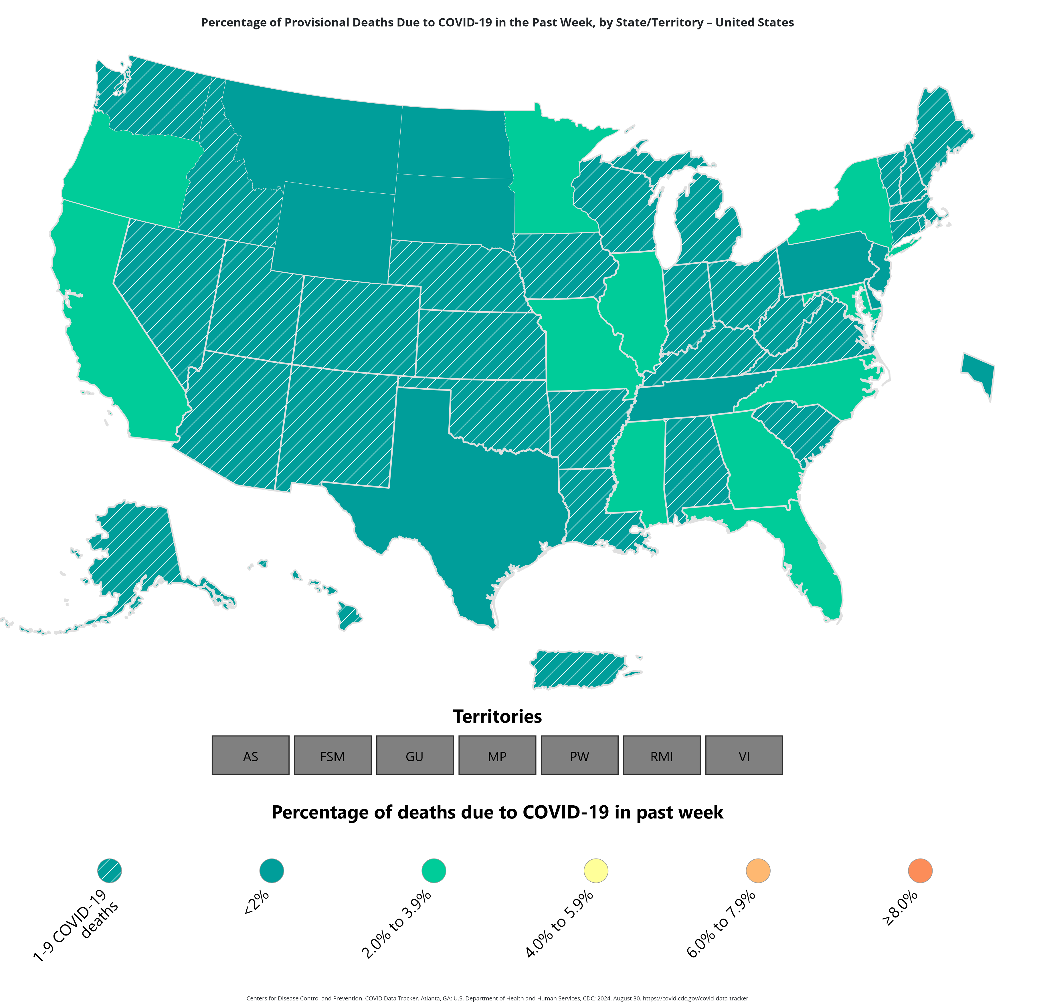 Map showing the percentage of deaths due to covid-19 in the past week