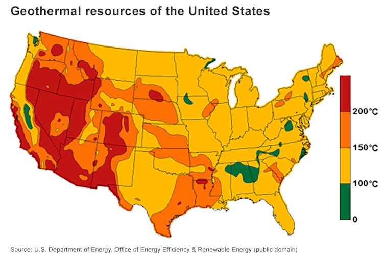 US map with geothermal resources marked