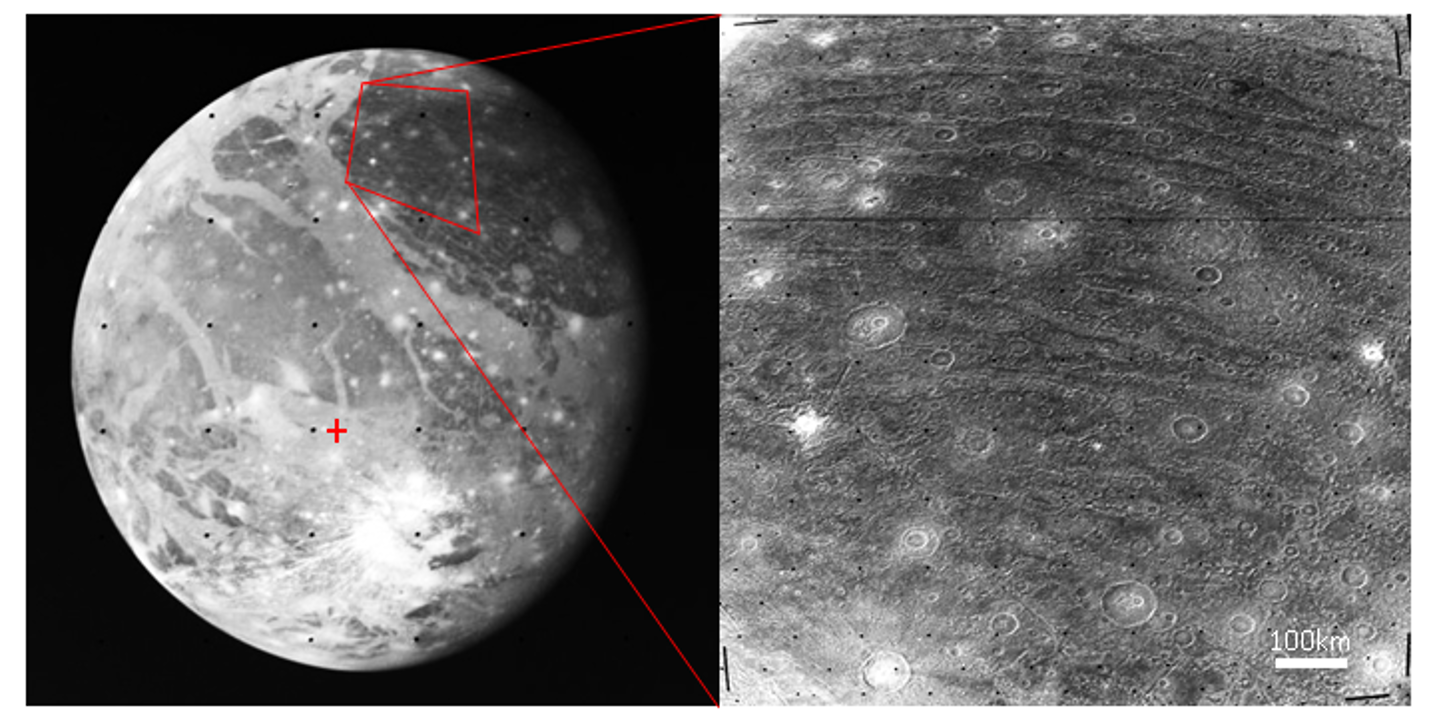 An image of ganymede with a red corss in the middle of the moon. a zoomed-in version away from the cross shors a series of parallel stripes among smaller craters.