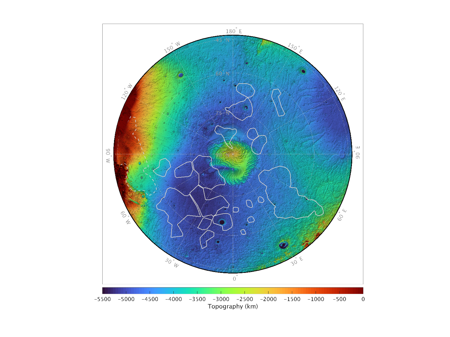 The high mass regions of the Martian Polar region outlined. Nothing can be seen on the surface to explain them.