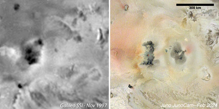 Galileo's image of the region of Io in black and white taken in November 1997 compared to JunoCam's colour image from February 2024 clearly showing the new volcano.