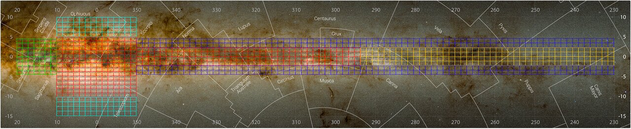 A vie of the milky way on the sky. The disk of hour galaxy is covered in colorful square showing the areas that have been observed and photographed.