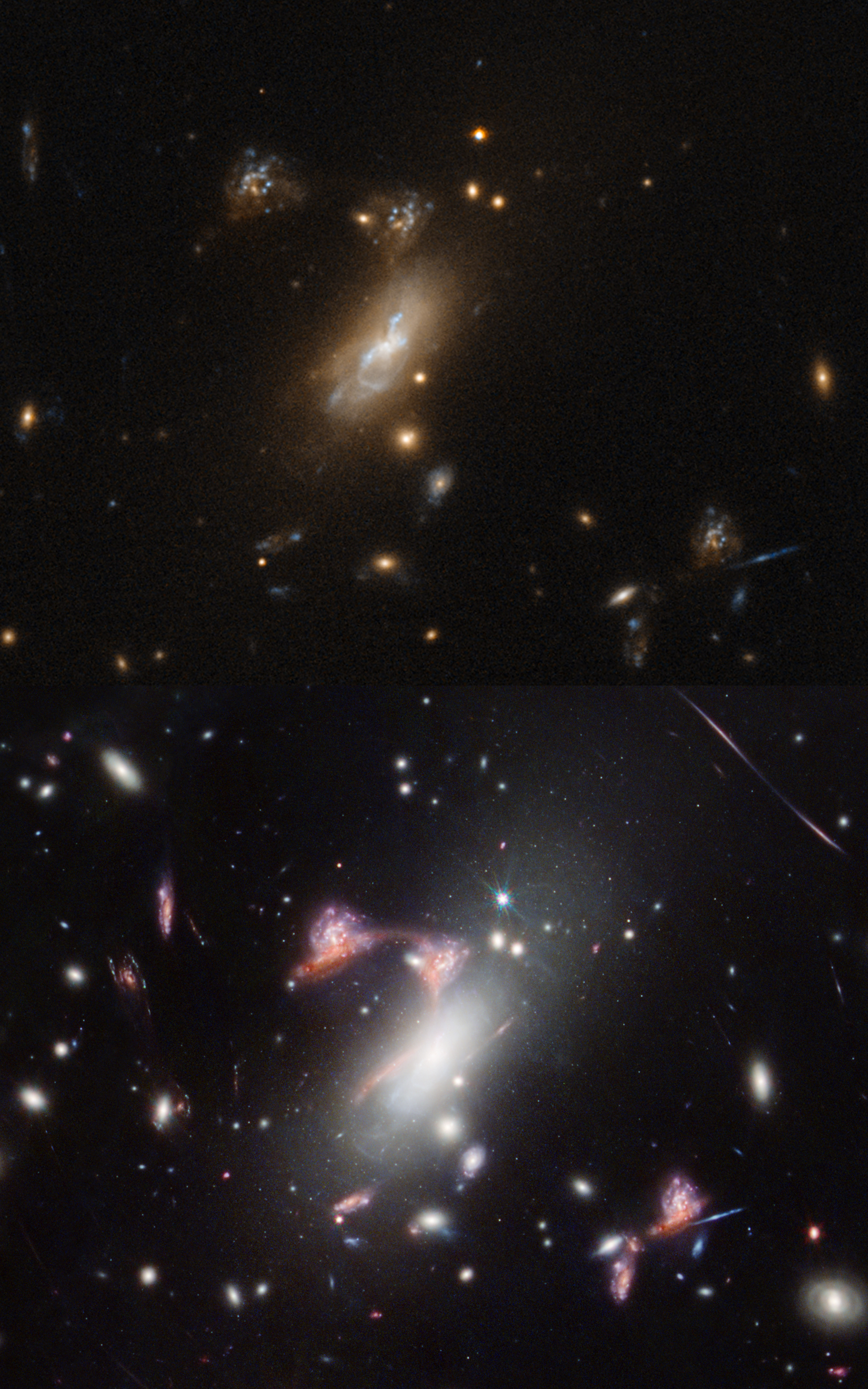 The hubble image shows signficantly less details and you can barely see the red merger galaxy compared to the JWST version