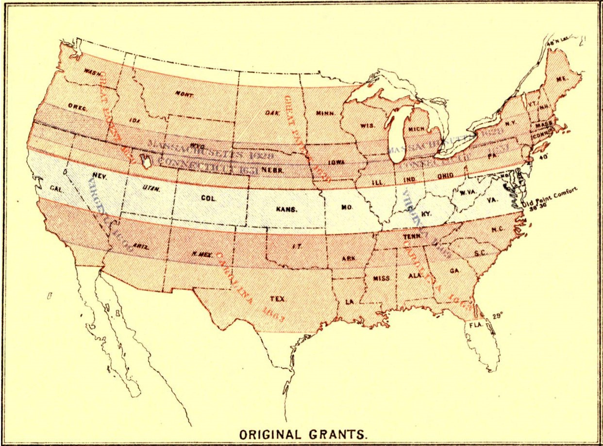 A map of the US with the original grants of land marked out on top of modern state boundaries. It looks a bit silly as each east coast state has been extended westwards to the pacific coast.