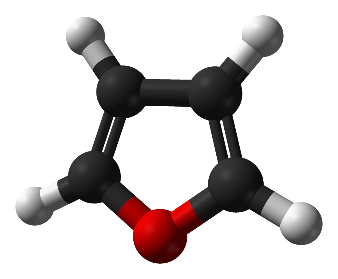 Ball-and-stick model of the furan molecule, C4H4O