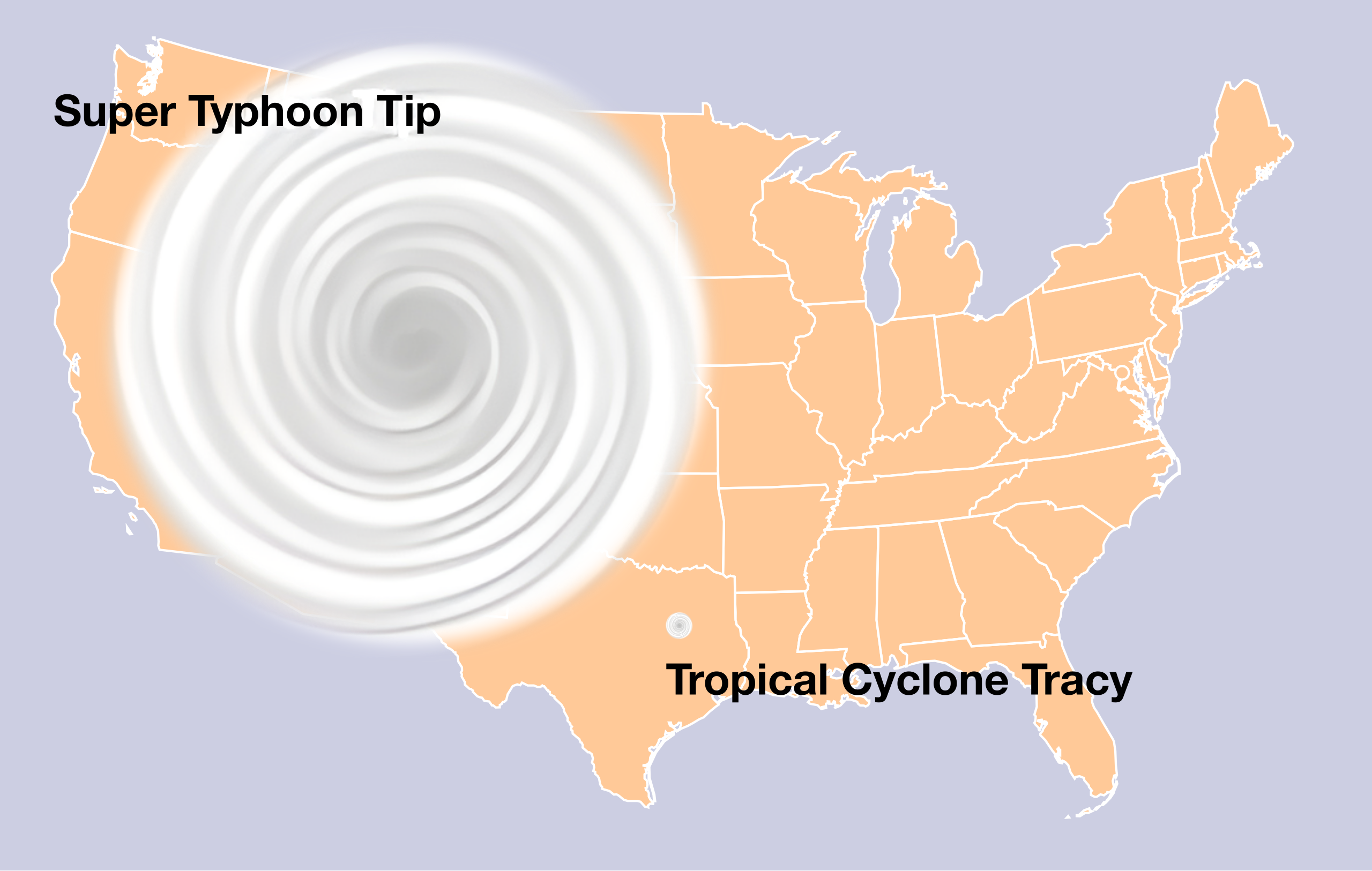 An illustration of the extreme sizes of tropical cyclones: Typhoon Tip (1979) and Cyclone Tracy (1974)