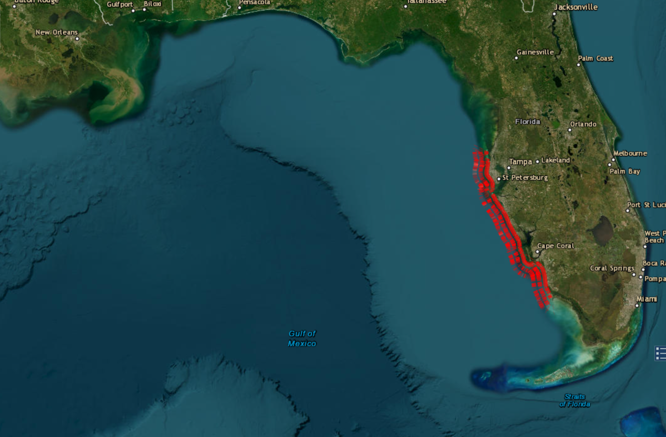 Screenshot of the USGS Coastal Changes Hazards Portal, showing the forecasted coastal change along Florida's Western coast on 10/7/2024 