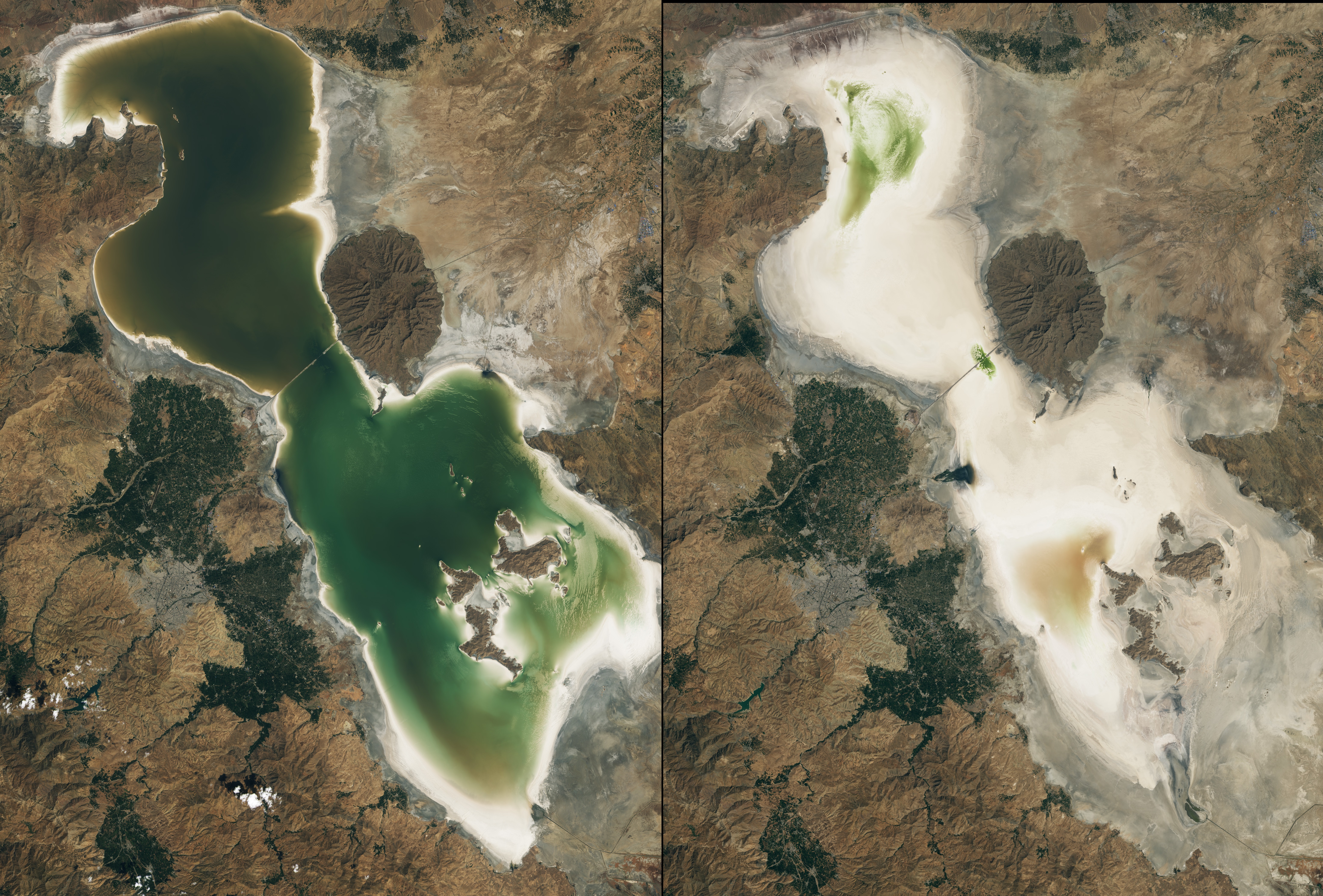 Lake Urmia on September 6, 2020 (left) and September 7, 2023 (right). The latter image shows only dry salt rather than water.