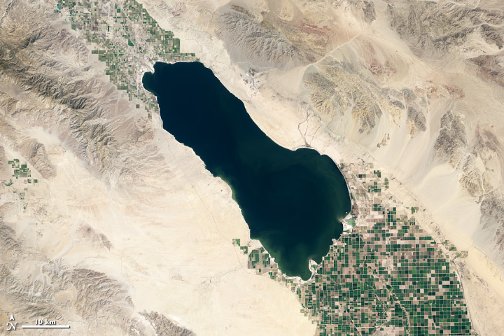 A satellite image of the Salton Sea In southern California on March 24, 2013