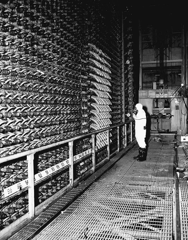 A worker at Reactor F of the Hanford Site.