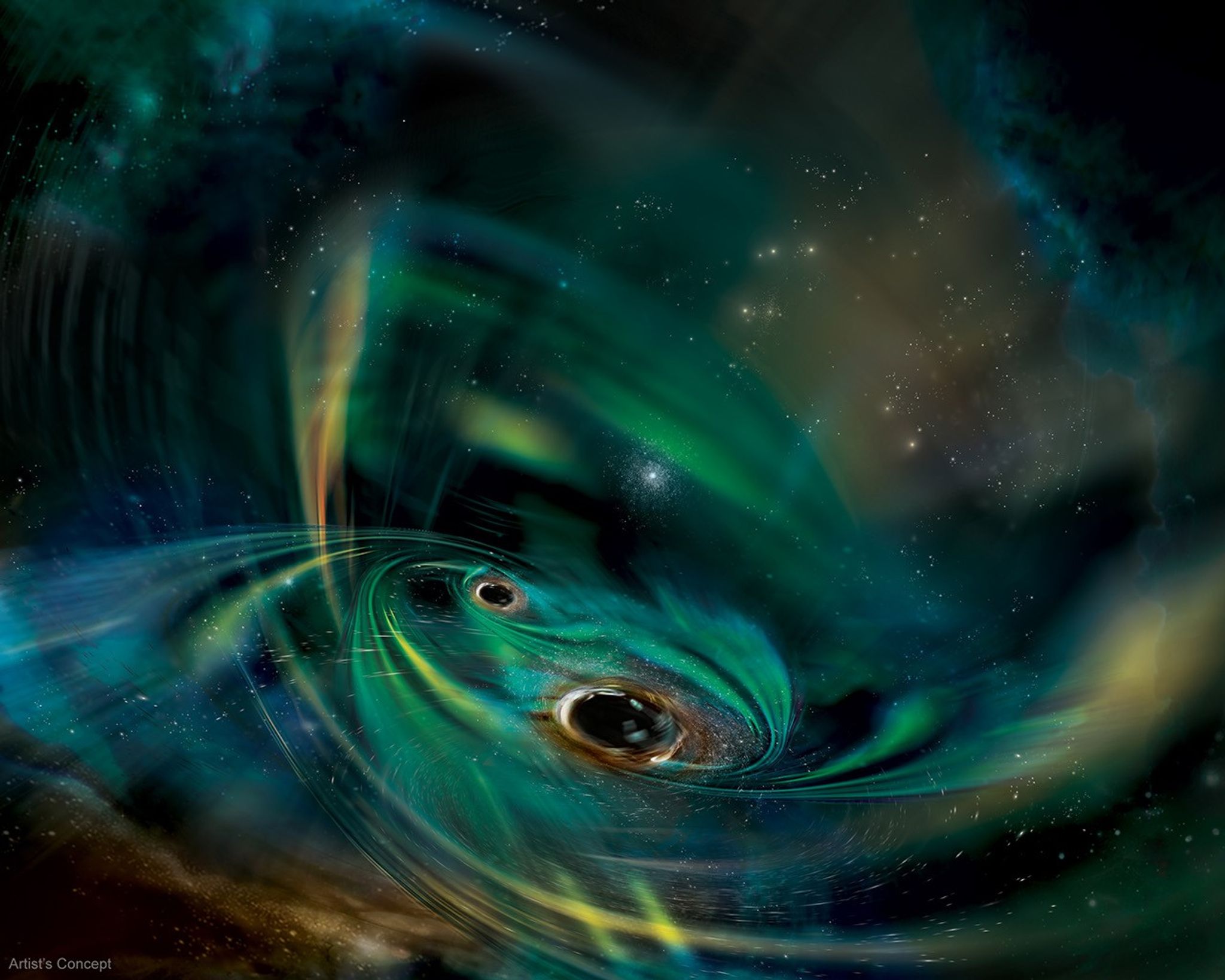 two black holes illustrated as sphere orbited by a cloud of gas swirling all over the place