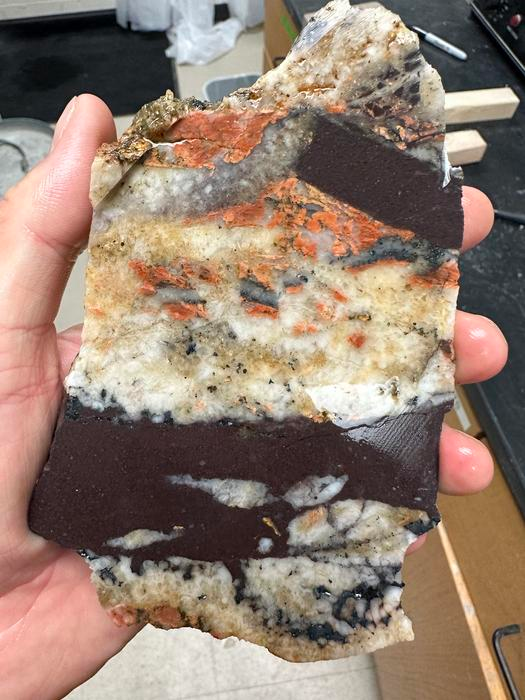 A piece of A piece of dark red Tava rock formed when ancient ice sheets forced sediment into Earth’s crust in Colorado where iron-rich incursions occurred.