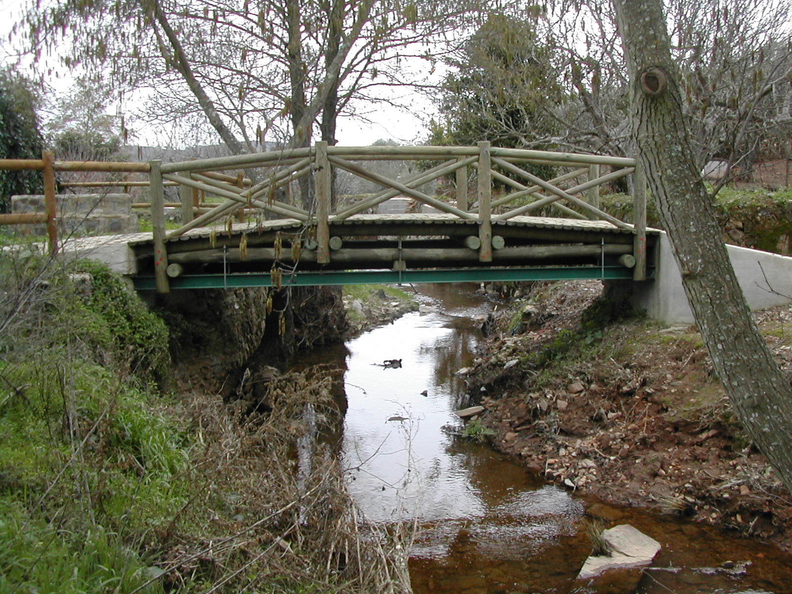 small wooden bridge over a shallow stream