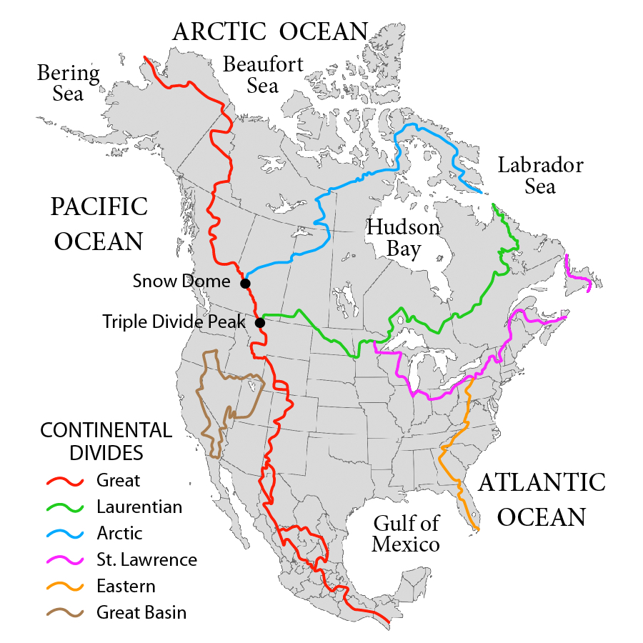 The Great Continental Divide in North America in red, as well as the continent's other drainage divides.