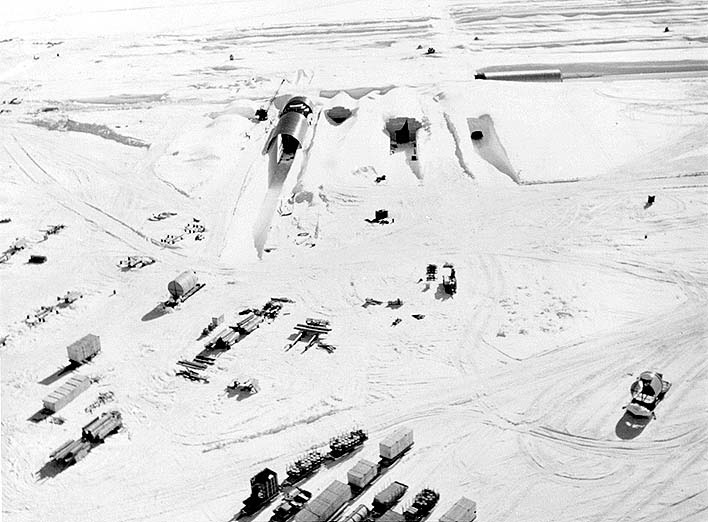 Aerial view of Camp Camp, a US ARMY complex in Greenland of tunneles and structures, all powered by a nuclear reactor.