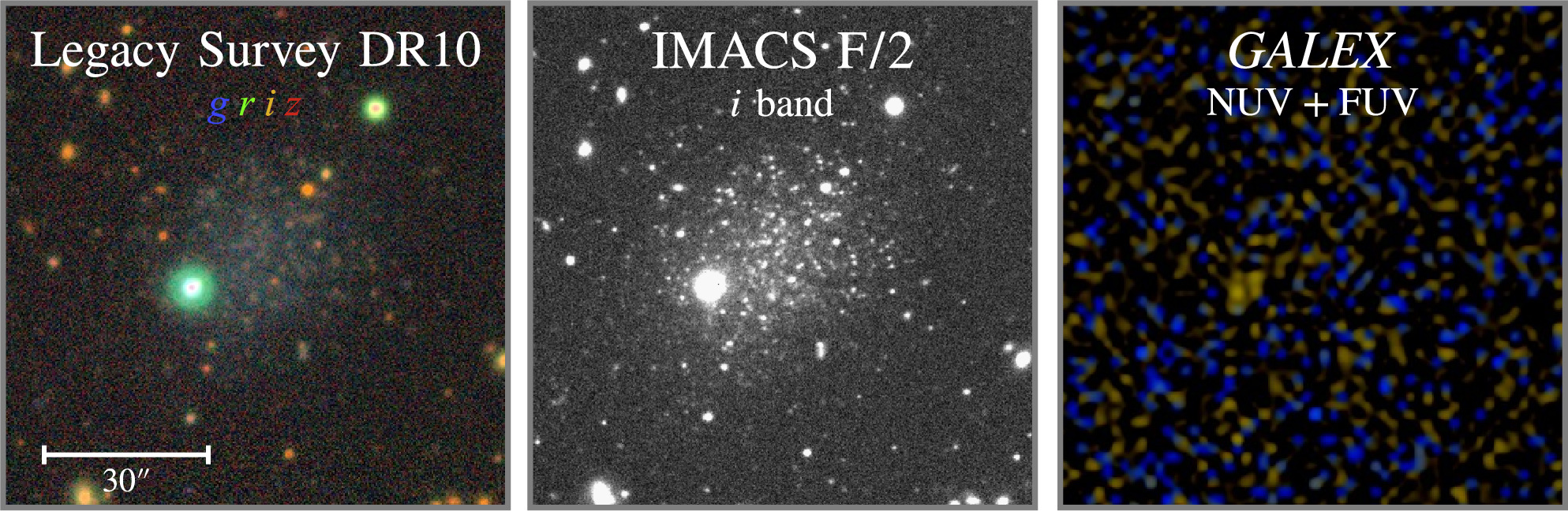 The Hedgeghog (dw1322m2053) as seen at optical and near-infrared wavelengths (left and center images) but there's nothing but background stars in in the ultraviolet (right image)