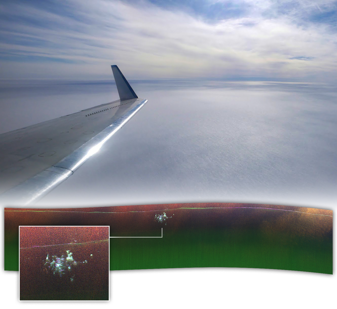 An image of the radar-beaming plane over Greenland, along with the imagery of Camp Century it captured.