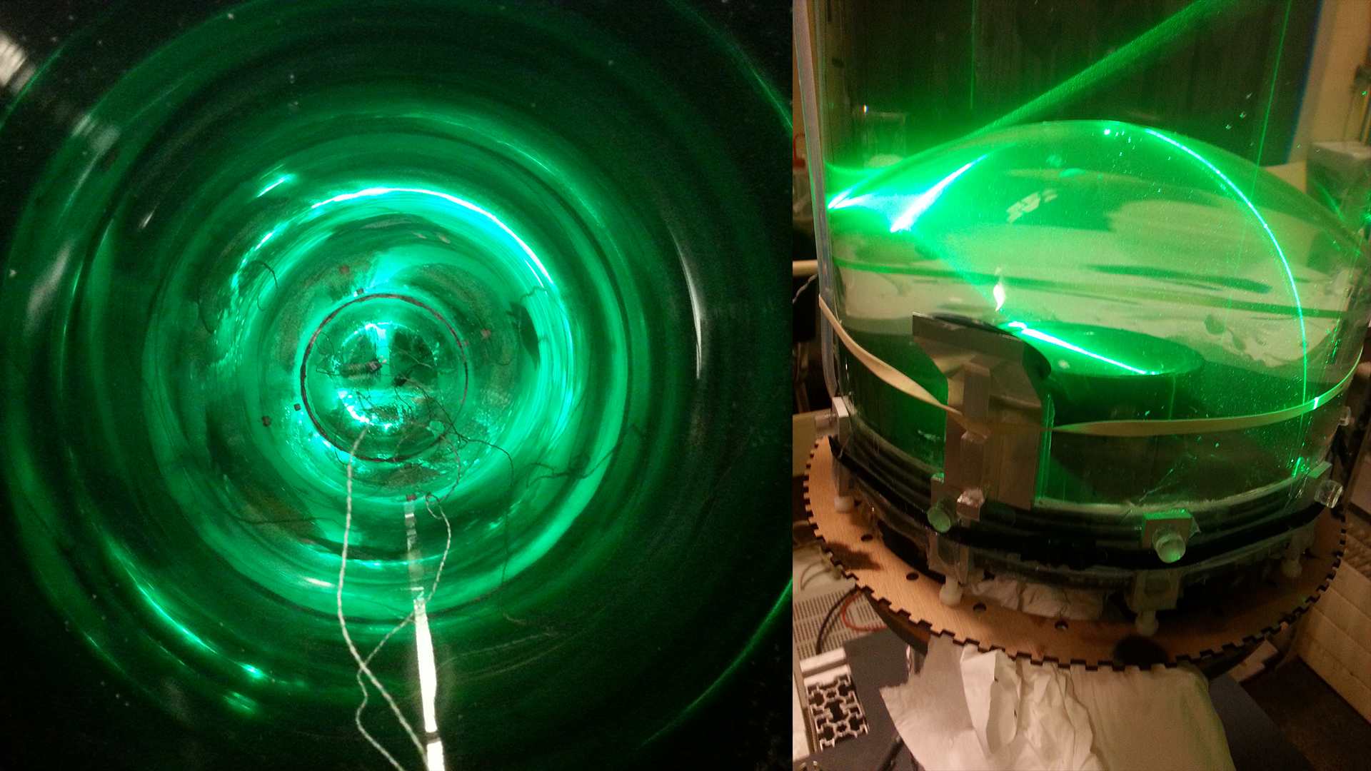 Two images together. In on you can see the setup as a hemispherical container with the light creating an arc. In the one from above, you see the laser showing the roation of the liquid.